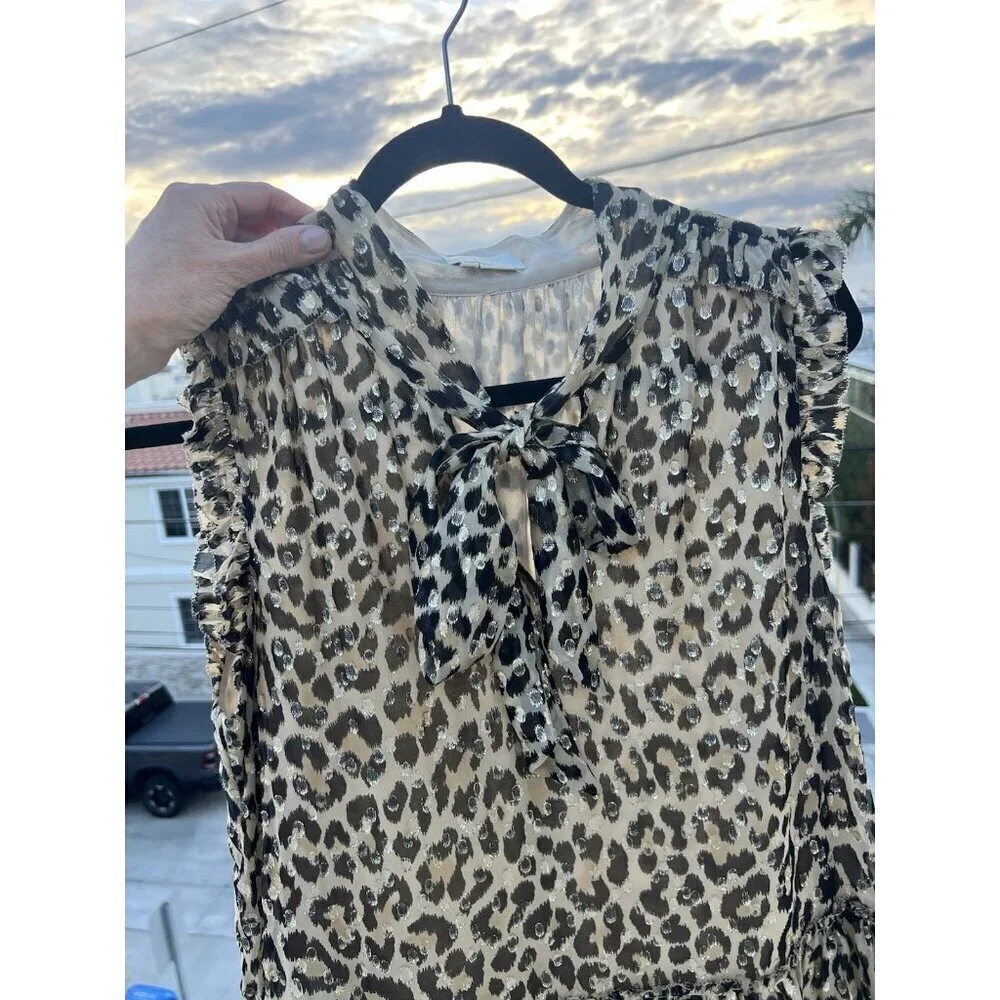 KATE SPADE leopard animal print metallic ruffle sleeveless blouse peplum tie L
